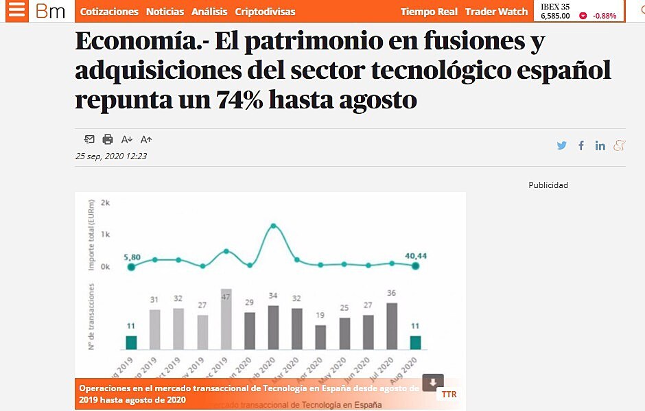 El patrimonio en fusiones y adquisiciones del sector tecnolgico espaol repunta un 74% hasta agosto